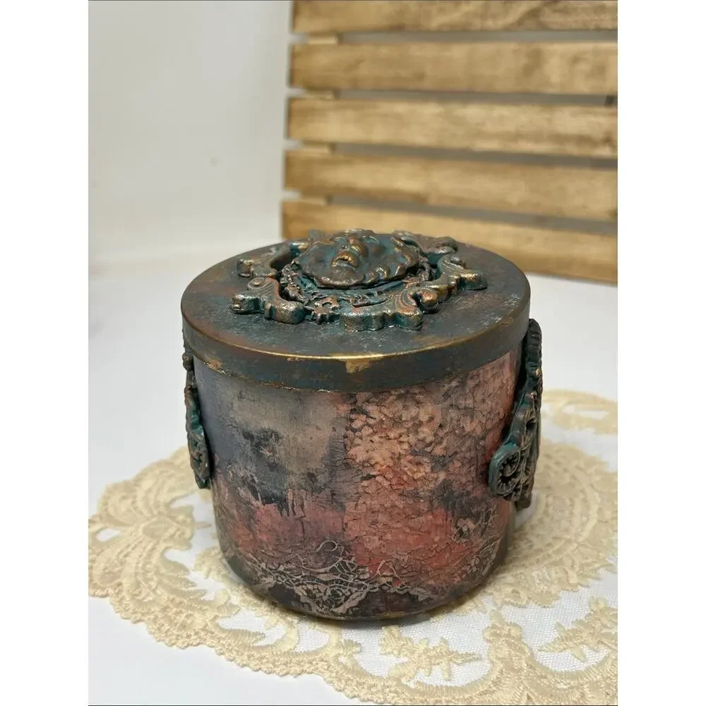 Decorative Antique-Style Trinket Box  with lid in Turquoise and Bronze